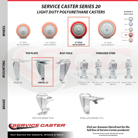 Service Caster 4 Inch SS Red Polyurethane Swivel Top Plate Caster Set with 2 Brakes SCC SCC-SS20S414-PPUB-RED-2-TLB-2